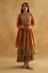 Taisha_Gold Pure Kadwa Silk Hand Embroidered Floral Pattern Deep Scoop Woven Jacket _Online_at_Aza_Fashions