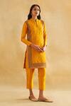Taisha_Yellow Silk Sequins, Embroidery Bandeau Neck Thread Work Kurta And Pant Set _Online_at_Aza_Fashions