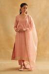 Buy_Taisha_Pink Chanderi Cotton, Silk Organza Pearls Split Embellished Kurta Churidar Set _Online_at_Aza_Fashions