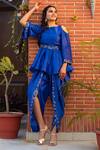 Kefi Collections_Blue Raw Silk Embroidery Round Baani Peplum Top And Dhoti Pant Set  _Online_at_Aza_Fashions