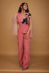 LABEL SHRISTI CHETANI_Pink Crepe Embellished Floral V Neck Jumpsuit _at_Aza_Fashions