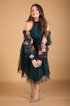 LABEL SHRISTI CHETANI_Green Organza Embellished Floral Band Collar Balloon Sleeve Dress_Online_at_Aza_Fashions