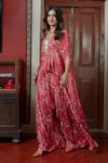 Shop_Arpita Mehta_Red Georgette And Embroidery Garden & Mirror Notched Cape & Pant Set _Online_at_Aza_Fashions