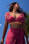 Babita Malkani_Pink Georgette Beads Plunge Neck Corded Top And Overlapped Pant Set _Online_at_Aza_Fashions