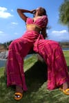Babita Malkani_Pink Georgette Beads Plunge Neck Corded Top And Overlapped Pant Set _at_Aza_Fashions
