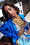 Shop_Babita Malkani_Blue Crepe Printed Stripe Shirt Collar And Draped Skirt Set_at_Aza_Fashions