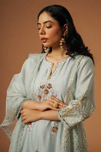 WomenGreen Chanderi Silk Embroidery Boat Neck Kurta Sets main image 1