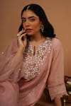 Buy_OMI_Pink Silk Chanderi Embroidered Floral Notched Neck Thread Hand Kurta Set _Online_at_Aza_Fashions