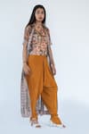 Nikita Vishakha_Brown Crepe Embroidered Floral Top Round Printed Cape And Dhoti Pant Set _Online_at_Aza_Fashions