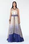 Nikita Vishakha_Blue Organza Printed Persian Carpet Gown Sweetheart Neck Ombre Dyed With Cape _Online_at_Aza_Fashions