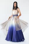 Nikita Vishakha_Blue Organza Printed Persian Carpet Gown Sweetheart Neck Ombre Dyed With Cape _at_Aza_Fashions