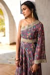 Basanti - Kapde Aur Koffee_Grey Georgette Print Floral Bloom Asymmetric Neck Jumpsuit _Online_at_Aza_Fashions