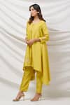 Buy_Basanti - Kapde Aur Koffee_Yellow Cotton, Silk Patchwork, Embroidery Round Asymmetric Kurta Set With Bag_Online_at_Aza_Fashions