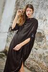 Style Junkiie_Black Natural Crepe Plain Mirrorwork One Asymmetrical Kaftan  _Online_at_Aza_Fashions