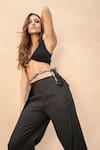 Shop_Style Junkiie_Black Moss Crepe Plain Mirrorwork Trouser With Work And Belt Set  _Online_at_Aza_Fashions