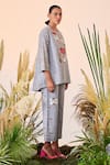 Shahin Mannan_Silver Chambray Crossword Round Asymmetric Top And Pant Set  _Online_at_Aza_Fashions