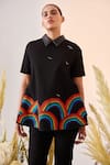 Shahin Mannan_Black Denim Rainbow Shirt Collar And Birds Flared Top  _Online_at_Aza_Fashions