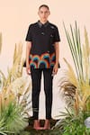 Shahin Mannan_Black Denim Rainbow Shirt Collar And Birds Flared Top Pant Set  _at_Aza_Fashions