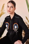 Shahin Mannan_Black Denim Rainbow Mandarin Collar And Rose Bomber Jacket Pant Set  _Online_at_Aza_Fashions