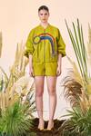 Shahin Mannan_Green Denim Moon, Rainbow, Star, Sun Mandarin Balloon Sleeve Bomber Jacket_Online_at_Aza_Fashions