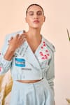 Shahin Mannan_Blue Thin Denim Typography Notched Oh Wow Biker Cropped Jacket Top  _at_Aza_Fashions