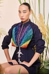 Buy_Shahin Mannan_Blue Self Stripe Poplin Fly Over The Rainbow Parka Dress_Online_at_Aza_Fashions