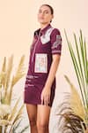 Shahin Mannan_Wine Double Crepe Thread And Beads Spread Collar Post Card Polo Dress _Online_at_Aza_Fashions