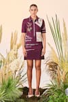 Buy_Shahin Mannan_Wine Double Crepe Thread And Beads Spread Collar Post Card Polo Dress _Online_at_Aza_Fashions
