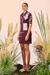 Shop_Shahin Mannan_Wine Double Crepe Thread And Beads Spread Collar Post Card Polo Dress _Online_at_Aza_Fashions