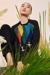 Shahin Mannan_Black Scuba Crepe Embroidered Fly Over The Rainbow Raglan Sweatshirt  _Online_at_Aza_Fashions