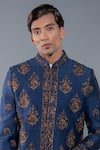 More Mischief_Blue Raw Silk Embroidery Floral Sherwani Set  _Online_at_Aza_Fashions