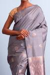 Shop_Mint N Oranges_Grey Banarasi Silk Handwoven Floral Saree_Online_at_Aza_Fashions