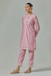 Basanti - Kapde Aur Koffee_Pink Muslin Geometric Round Kurta And Pant Set _at_Aza_Fashions