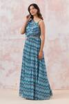 Basanti - Kapde Aur Koffee_Blue Chinnon Printed Chevron Asymmetric Draped Gown With Embroidered Belt _Online_at_Aza_Fashions