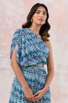 Buy_Basanti - Kapde Aur Koffee_Blue Chinnon Printed Chevron Asymmetric Draped Gown With Embroidered Belt _Online_at_Aza_Fashions