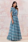 Shop_Basanti - Kapde Aur Koffee_Blue Chinnon Printed Chevron Asymmetric Draped Gown With Embroidered Belt _Online_at_Aza_Fashions