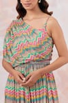 Basanti - Kapde Aur Koffee_Pink Chinnon Printed Chevron Asymmetric Draped Gown With Belt _Online_at_Aza_Fashions