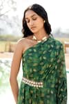 Buy_Basanti - Kapde Aur Koffee_Green Georgette Print Leaf Cluster Asymmetric Neck One Shoulder Kaftan For Women_Online_at_Aza_Fashions