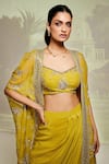Buy_Basanti - Kapde Aur Koffee_Yellow Viscose, Crepe Sequins, Zari Sweetheart Embroidered Cape Draped Skirt Set_Online_at_Aza_Fashions