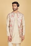 Buy_Amrin khan_Cream Muga And Floral Print Chanderi Vintage Pattern Bundi And Kurta Set  _Online_at_Aza_Fashions