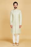 Amrin khan_Green Raw Silk Embroidery Floral Hand Tile Sherwani Set  _Online_at_Aza_Fashions