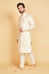 Amrin khan_Cream Raw Silk Embroidery Floral Zari Work Sherwani Set  _Online_at_Aza_Fashions