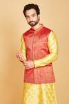 Buy_Amrin khan_Orange Jacket Raw Silk Woven Floral Stripe Pattern Bundi And Kurta Set  _Online_at_Aza_Fashions