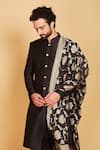 Buy_Amrin khan_Black Sherwani Raw Silk Band Collar Set_Online_at_Aza_Fashions