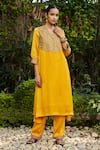 Buy_Bohame_Yellow Satin Chiffon Hand Embroidered Beads V Neck Nadia Kurta And Pant Set _Online_at_Aza_Fashions