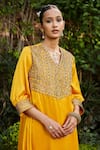 Bohame_Yellow Satin Chiffon Hand Embroidered Beads V Neck Nadia Kurta And Pant Set _at_Aza_Fashions