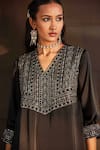 Bohame_Black Satin Chiffon Hand Embroidered Beads V Neck Mariam Kurta And Pant Set _at_Aza_Fashions