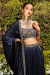 Buy_Bohame_Blue Satin Chiffon Hand Embroidered Beads V Neck Aida Border Lehenga Set _Online_at_Aza_Fashions