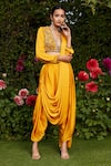 Buy_Bohame_Yellow Satin Chiffon Hand Anisa Pre-draped Concept Pant Saree With Blouse _Online_at_Aza_Fashions