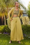 Shop_Bohame_Green Satin Chiffon Hand Embroidered Beads Sweetheart Neck Yara Cape Pant Set _Online_at_Aza_Fashions